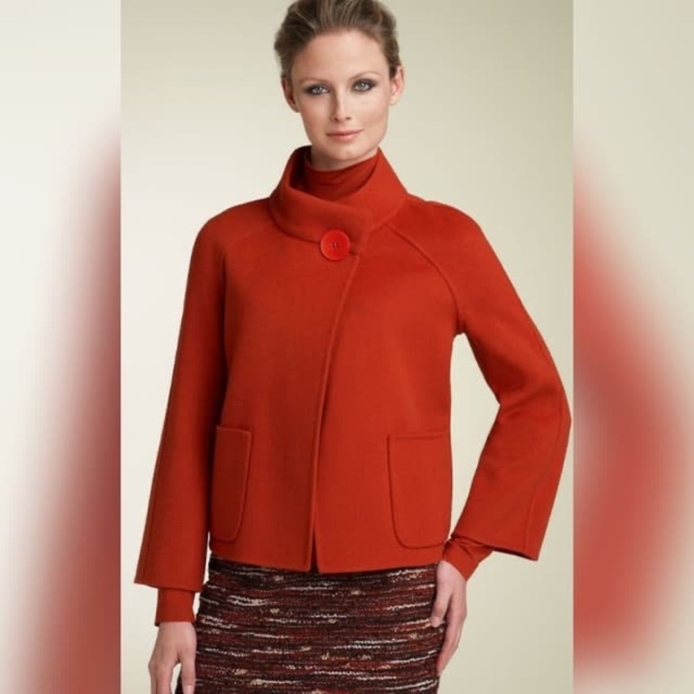 ST JOHN RED ANGORA WOMENS ONE LARGE BUTTON BLAZER SIZE M